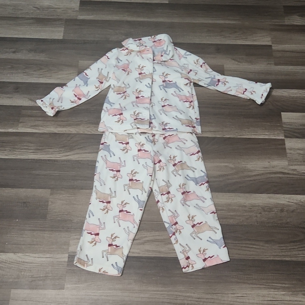 Christmas Reindeer Flannel Pajamas Girls Size 3T Ruffled
